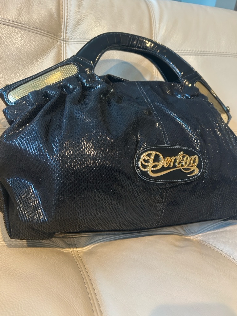 Rare House Of Dereon Y2k Black Snakeskin Shoulder Bag W/Gold And Patent Accents